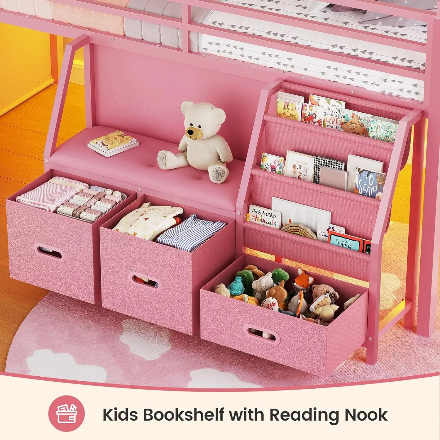 Cama Alta Infantil Tamanho Solteiro com Estante, Cantinho de Leitura, Cama Alta Infantil com LED e 3 Gavetas, Espaço de Brincadeira Abaixo da Cama, Casinha, Personalizável