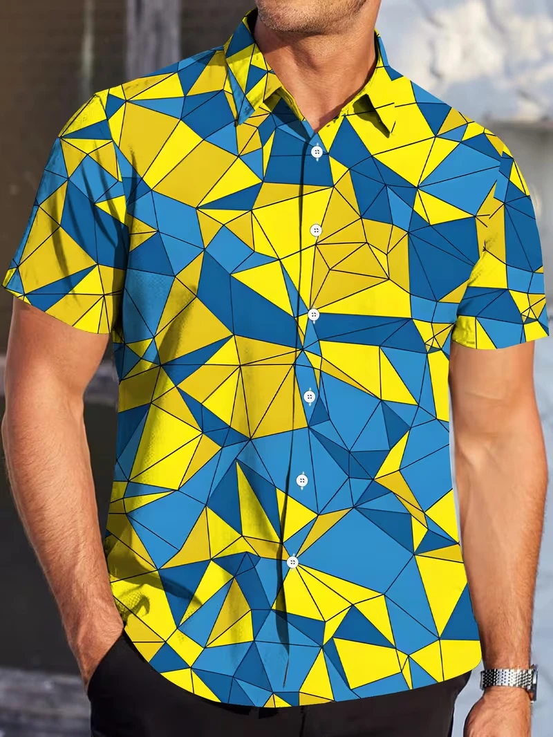 Novas Camisas Masculinas com Estampa Geométrica em Bloco de Cores, Camisa de Manga Curta para Verão, Blusa com Gola Reversível, Tops Soltos para Mulhe