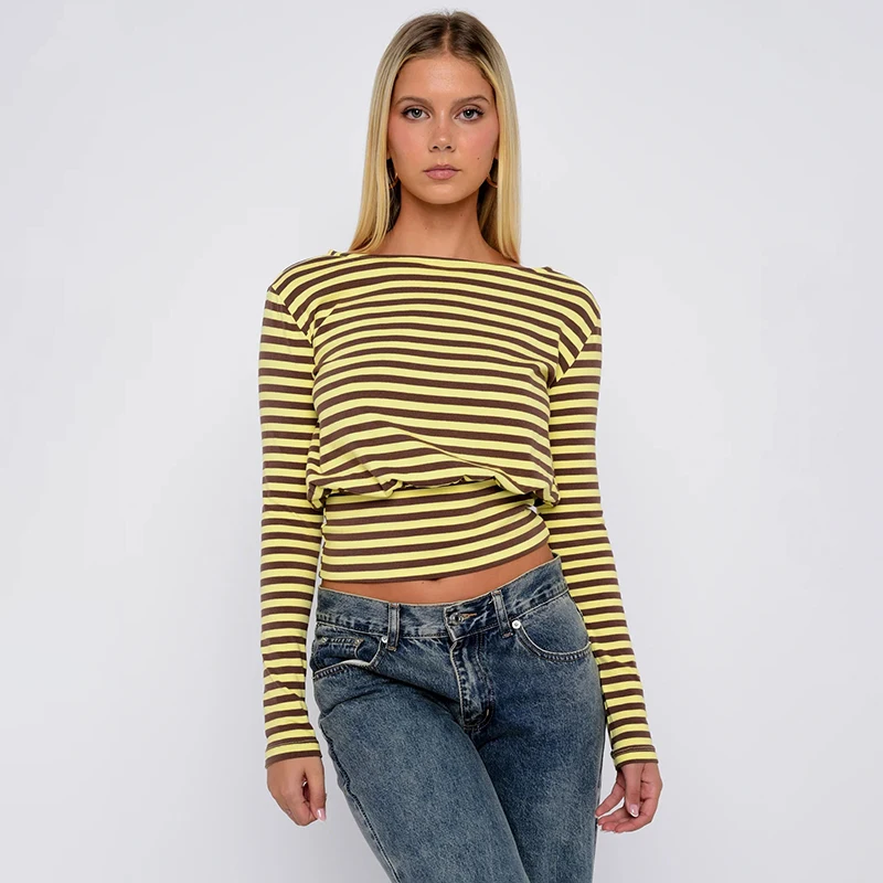 

Female Striped Printed t-shirt Long sleeve Top trend 2025 autumn clothing contrast color tees Cinched-waist Blouse casual tops