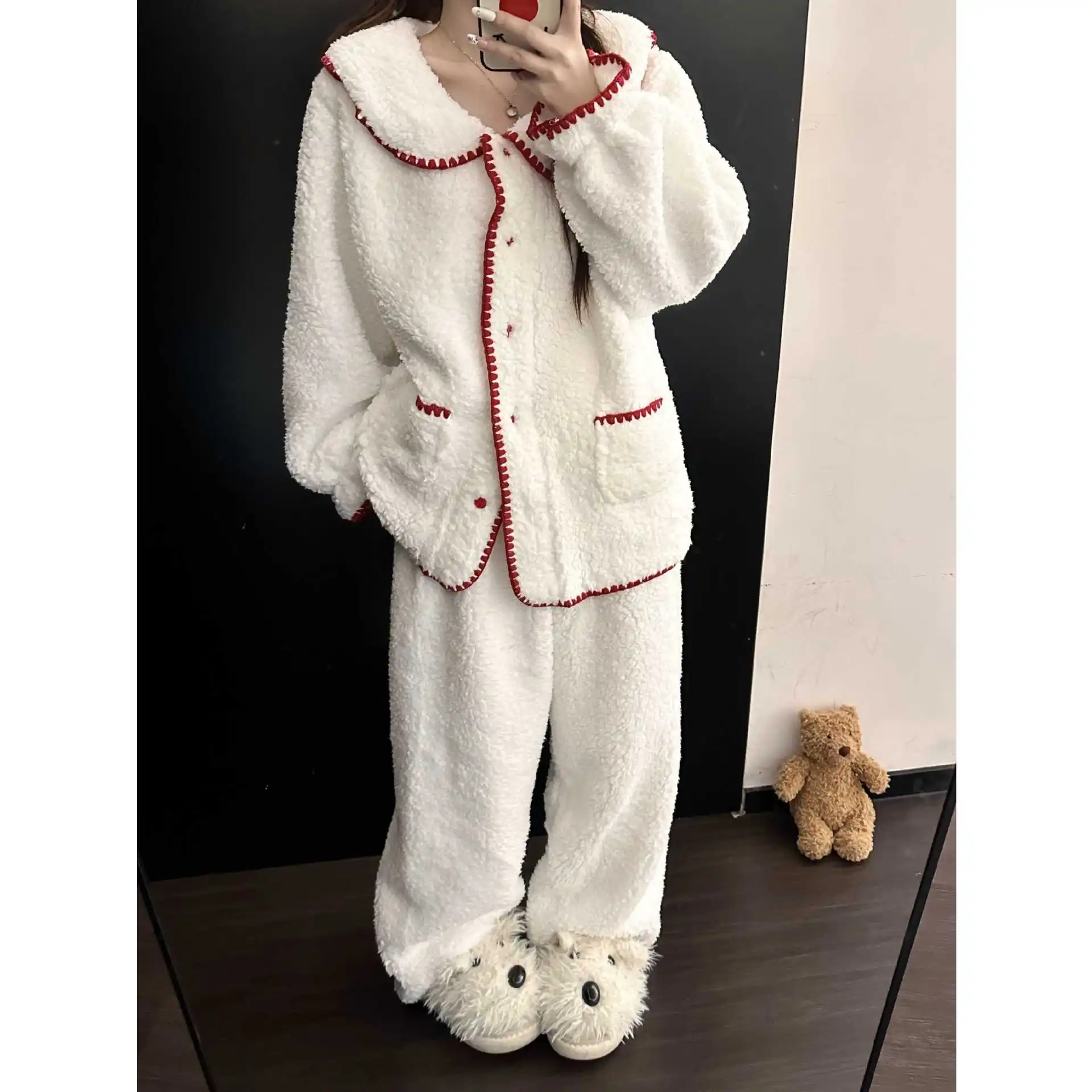 

Зимняя теплая уличная домашняя одежда, белый пижамный комплект, повседневная одежда из кораллового флиса, ночная рубашка, студенческая одежда для сна, 2 шт.