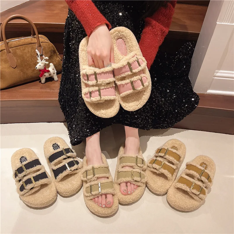 42 Big Size Fur Cork Slippers Women Double Buckle Band Long Plush Winter Slides Furry Outdoor Footwear Flip Flops Women