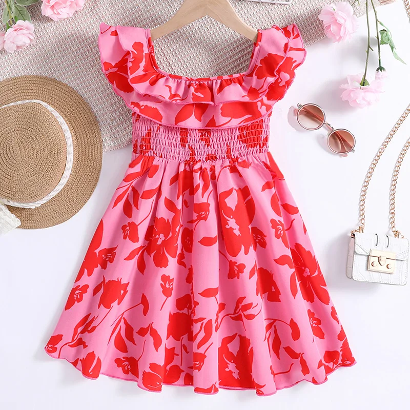 Girl Dress Summer New Fashion For 4-7Ys Kids Outfit Sweet Retro Print Floral Rose Cute Style Holiday Vacation Party Casual Dress