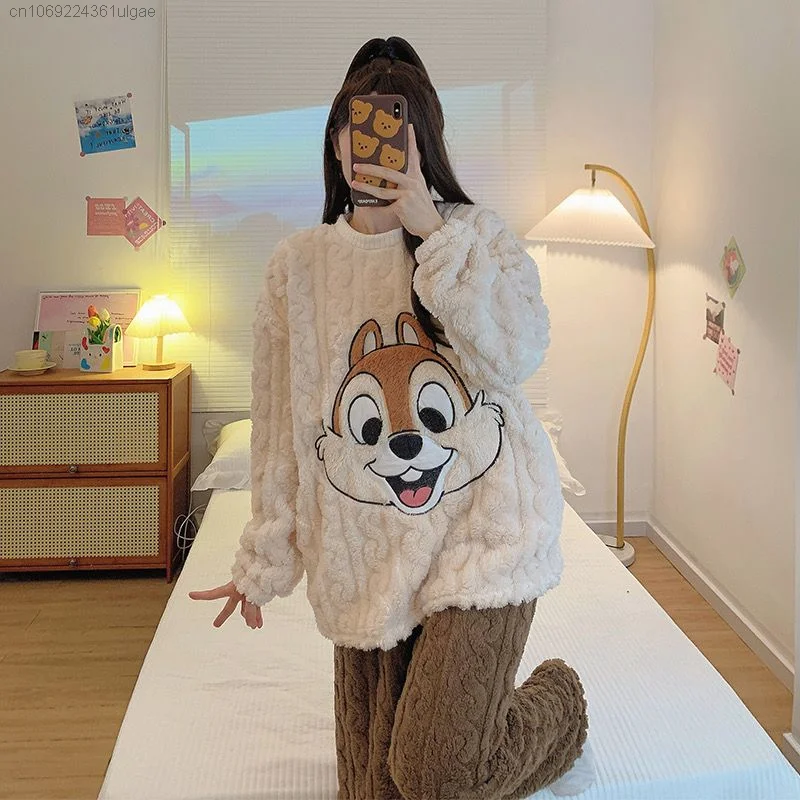 Disney Chip&Dale Cute Matching Set For Women Plush Pullover Tops Trousers Winter Soft Coral Fleece Pajamas Suit Y2k Cute Clothes