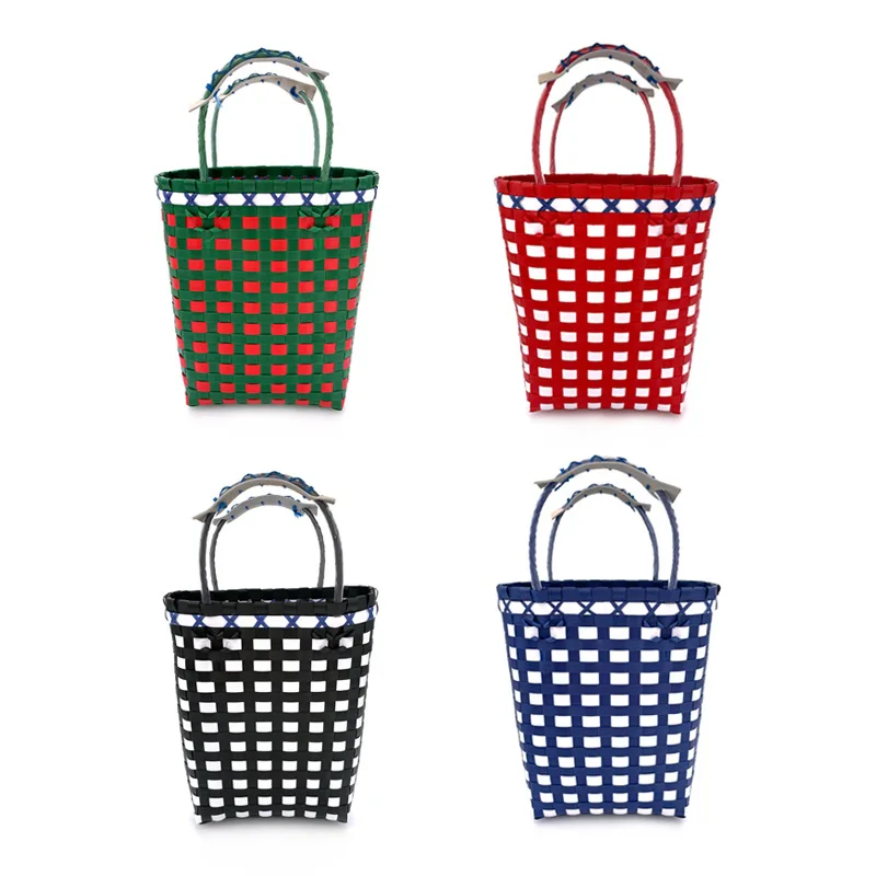 New Japanese-style Hand-woven Picnic Basket Plastic Woven Vegetable Basket Bag Hand-held Beach Bag Multicolor Plaid Basket