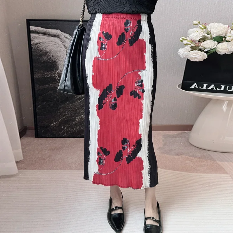 

Pleats Pleated Temperament Half-body Skirt Female Early Spring New High-end Fashion Printing Slim Thin High Waist Pleated Skirt