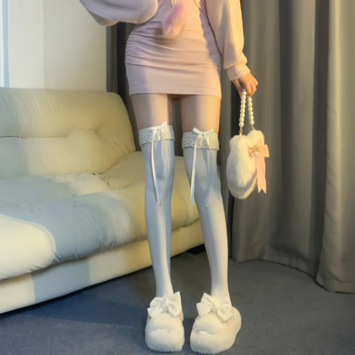 2024 Over Knee Long Sock Women Soft Comfortable JK Girl Sweet And Lovely Lace Ruffle Trim Thigh High Socks Ribbon Bowknot