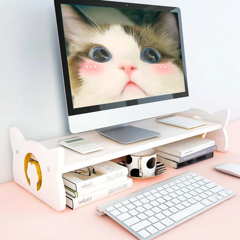 Double-Deck Cute Cat Palm Kitty Head Computer Monitor Riser Holder PC Screen Stand Bracket Desktop Storage Keyboards Mouse