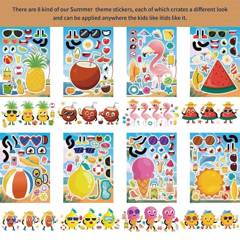 4-24Sheets Make A Face Stickers Children DIY Your Own Summer Fruit Ice Cream Cartoon Puzzle Stickers Kids Party Games Toys Gift