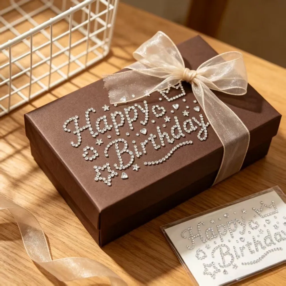 3D Happy Birthday Rhinestone Stickers Love Heart Star Pattern English Letter Gift Wrapping Stickers Silver Color