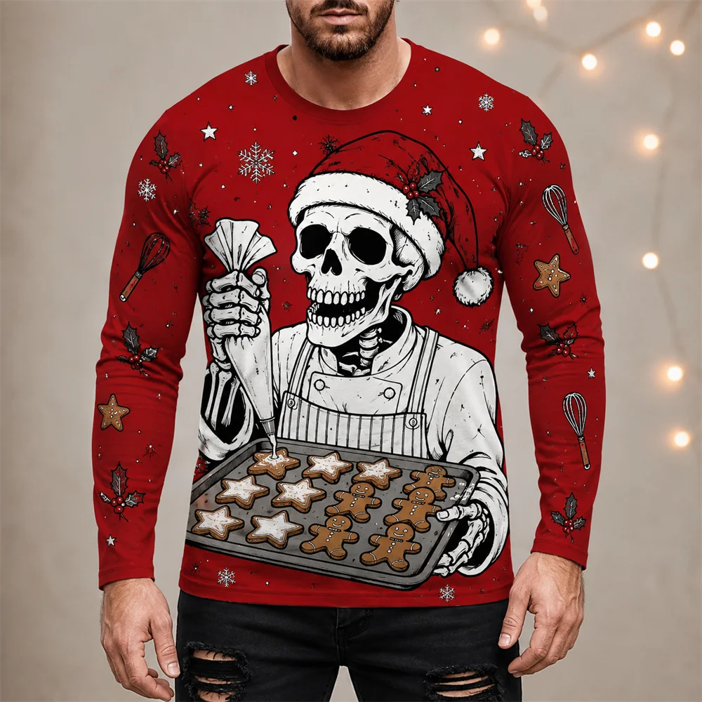 Funny Skeleton Reading And Baking Design Long Sleeve T-shirt For Men Halloween Christmas Round Neck 3D Print Streetwear New Tee