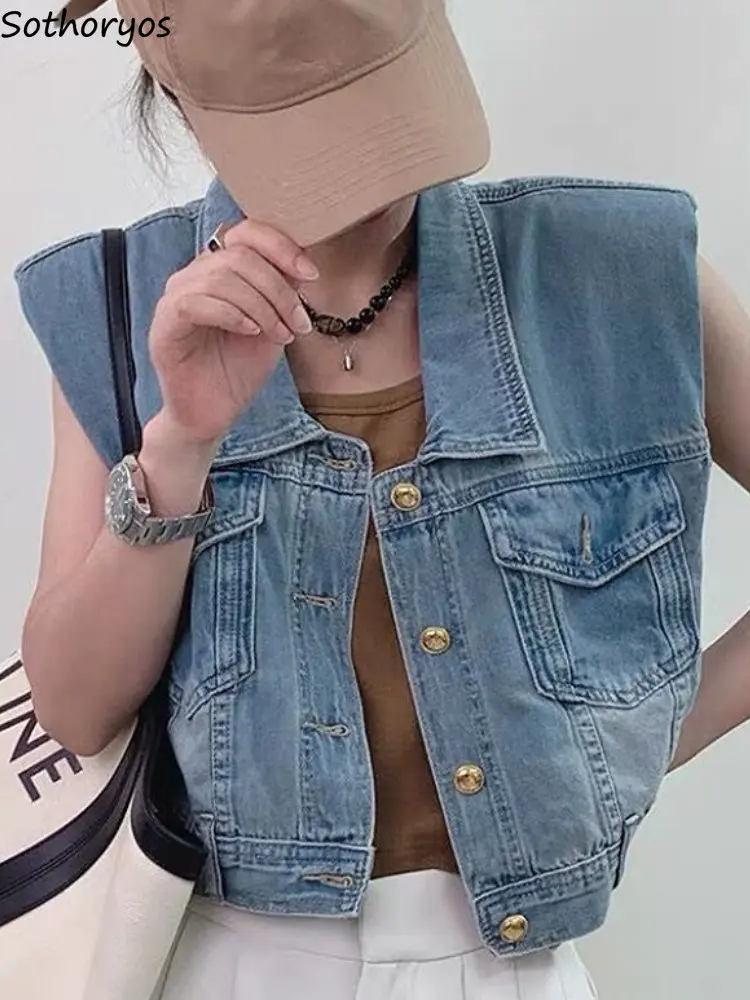 

Vests Women Solid Daily Denim Students Simple Fashion Streetwear Pockets Korean Style Autumn All-match Casual Turn-down Collar