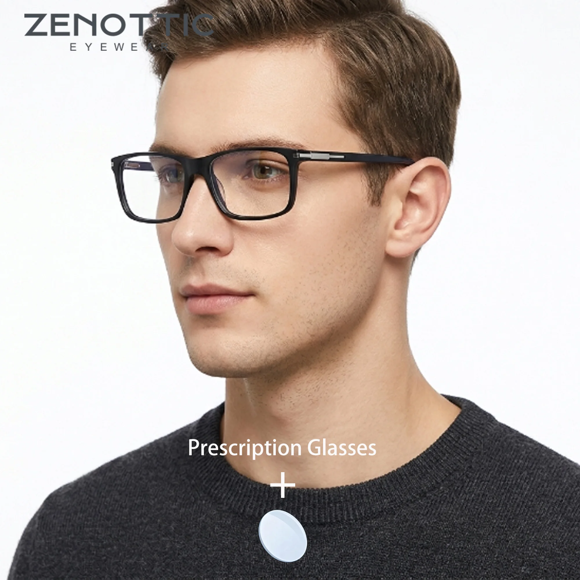 ZENOTTIC Square Rectangle Handmade Acetate Blue Light Filter Progressive Multifocal Photochromic Men's Prescription Eyeglasses