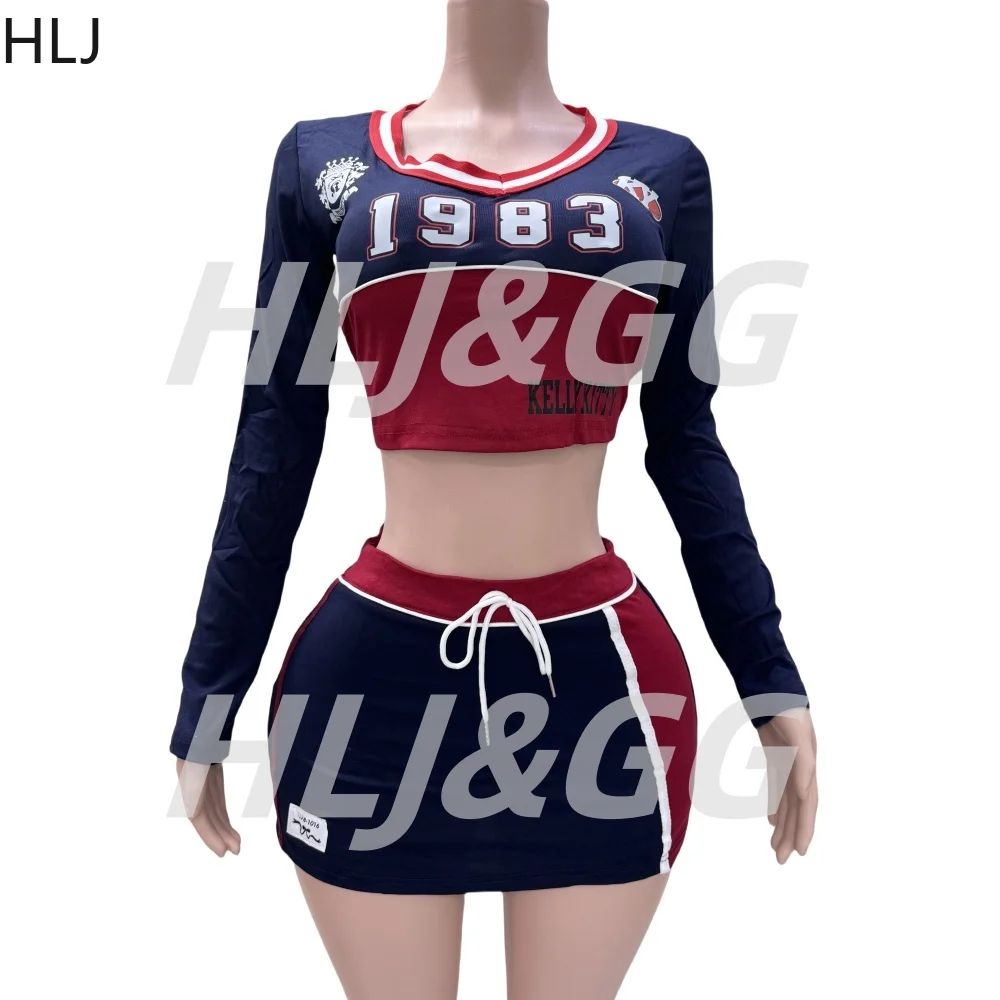 HLJ American Vintage Y2K Letter Print Two Piece Sets Women Long Sleeve Slim Crop Top And Mini Skirts Outfits Fashion Streetwear