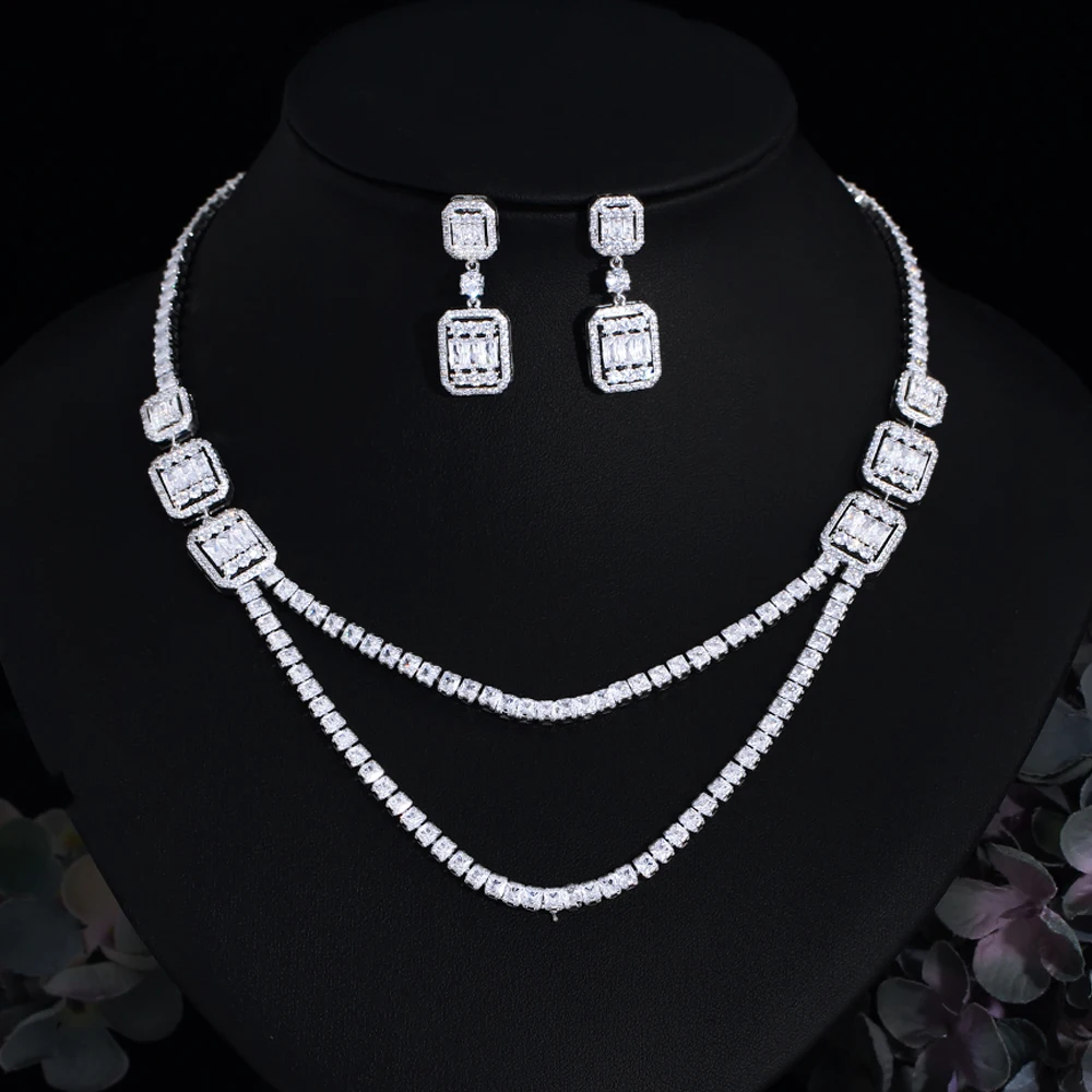 CWWZircons Shiny White Cubic Zirconia Double Layered Wedding Evening Necklace Bridal Party Wear Jewelry Sets for Women T731