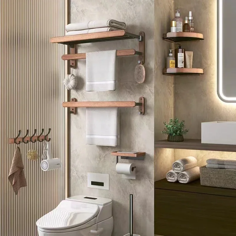 Wood Bath Towel Holder Walnut Towel Rack No Punch Bathroom Shelf Wall mounted Washroom Storage Bath Towel Holder