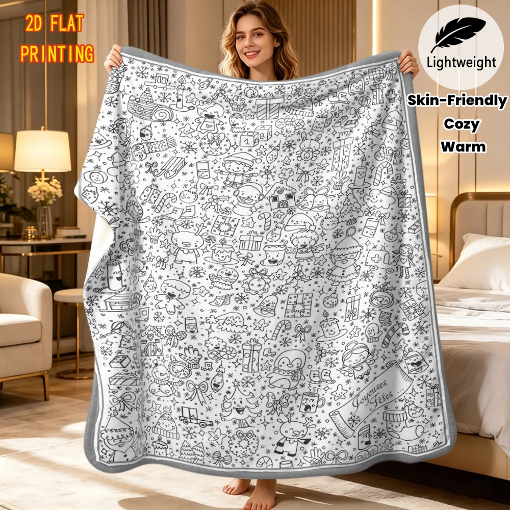 1pc Christmas Themed Coloring Flannel Blanket. Snowman Snowflake Line Art Print Soft Skin-Friendly Fabric. for Living Room Offic