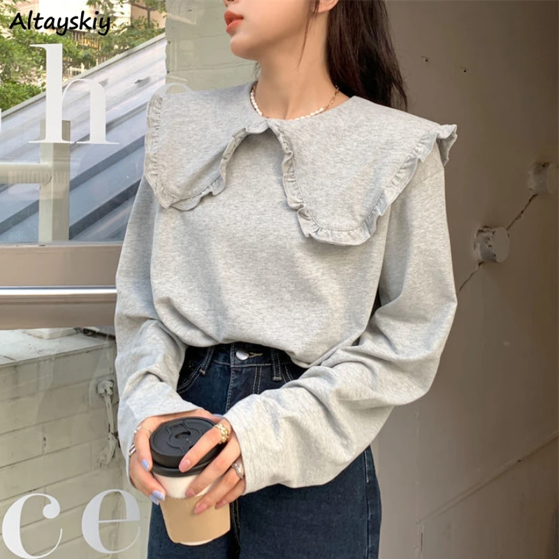 

Pullovers Women Solid Ruffles Creativity Sweet All-match Autumn Leisure Basics Korean Style Charming Daily Simple Age-reducing