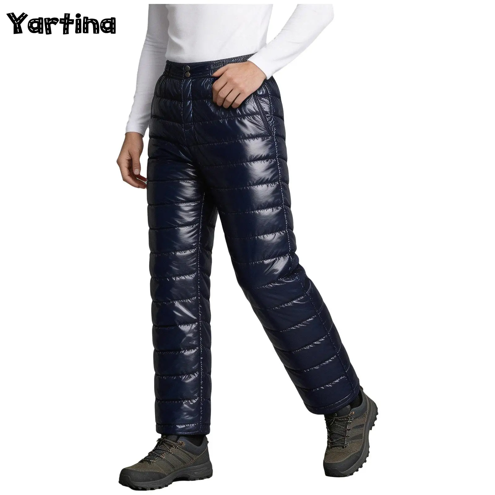 Mens Shiny Quilted Puffer Padded Wide Leg Pants High Waist Elastic Side Waist Button Closure Winter Windproof Warm Snow Trousers