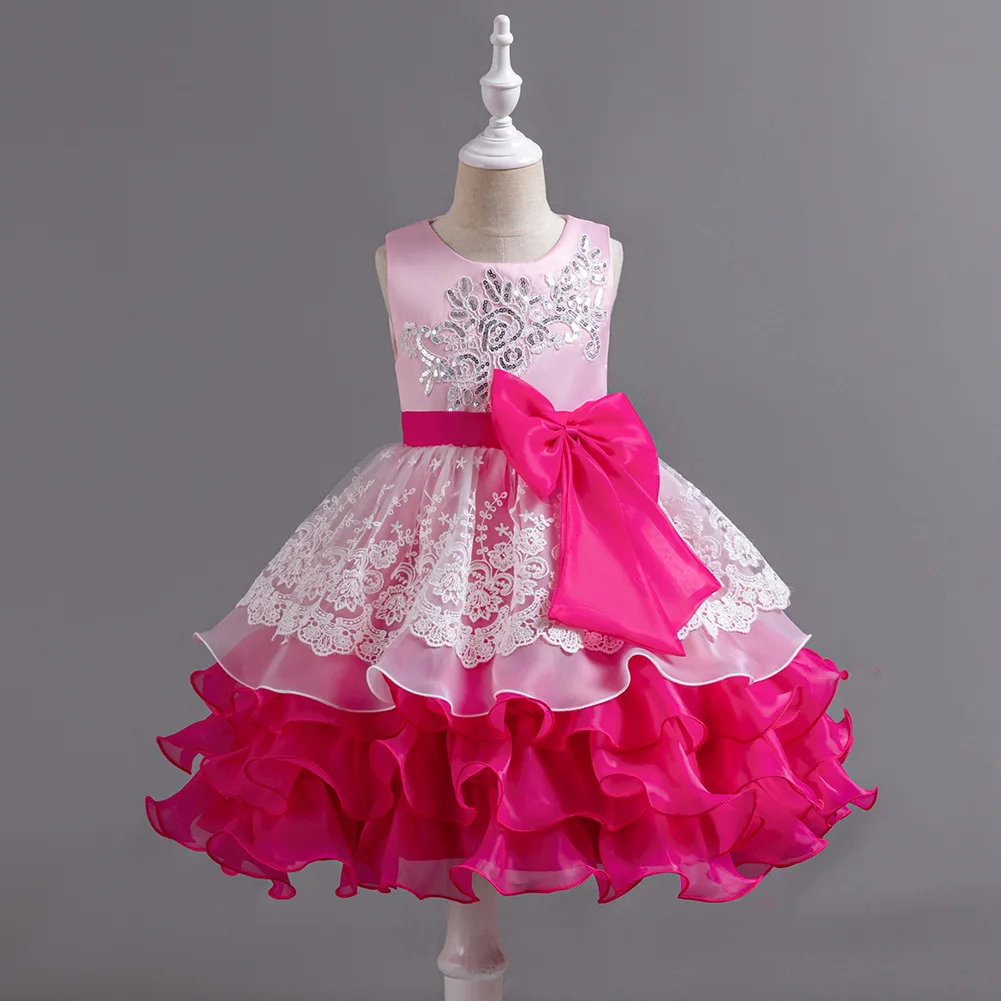 Bow Front Formal Princess Dress For Girls, Contrast Color Fluffy Gown Wedding Party Performance Outfit