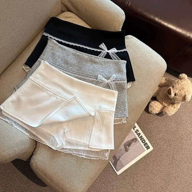 Verão doce rendas retalhos saias femininas verão japonês kawaii arco mini saias moda cintura baixa preppy fenda uma linha saias novo