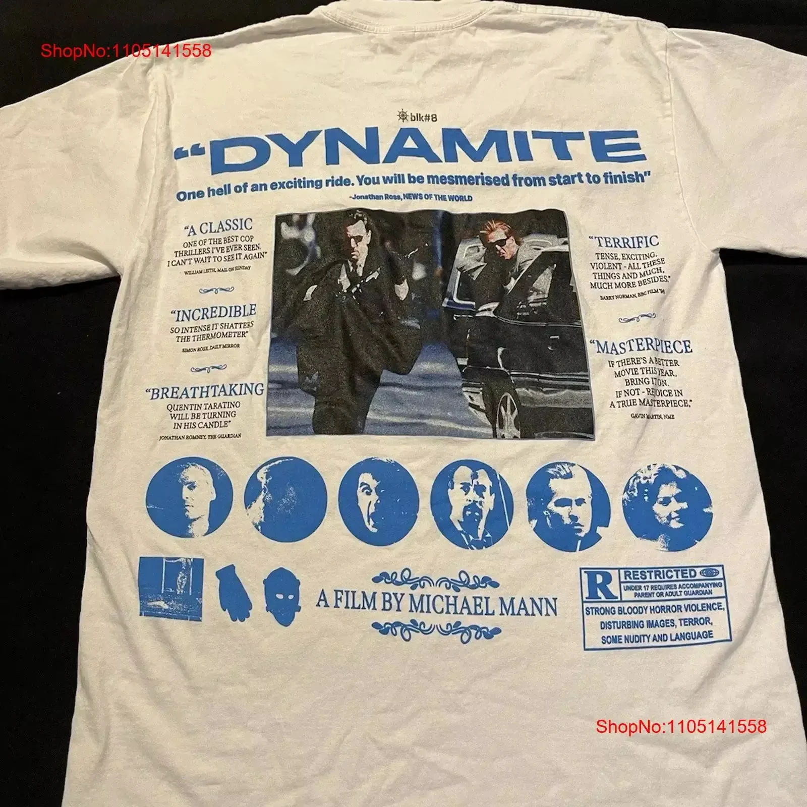 White Back Print Cop Movie Dual Male Character Collage Graphic Blue Film Header Text Oversized Street Tops
