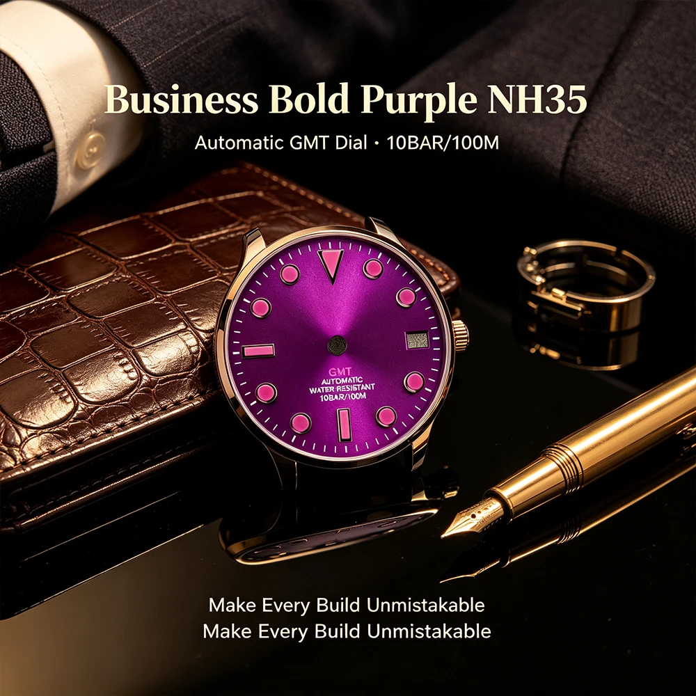 custom NH35 nh34 GMT Watch Dial Purple Sunburst Index Date Window 10BAR Modified Watch Dial For NH35 Movement Watch Mod Parts