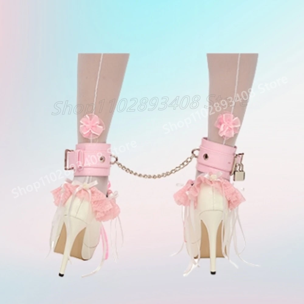 Flower Lace Cosplay Strappy Sexy Pumps Lock Metal Chain Design Cross Tied Hot Stiletto High Heel Women Shoes 2025 Para Mujere