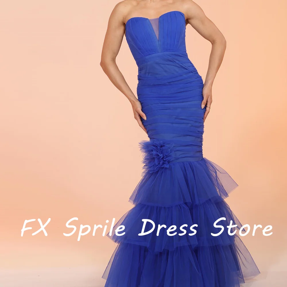 Classic Blue Strapless Mermaid Tulle Sleeveless Tiered Backless Zipper Back Floor Length Pleats Elegant Evening Dress  Woman