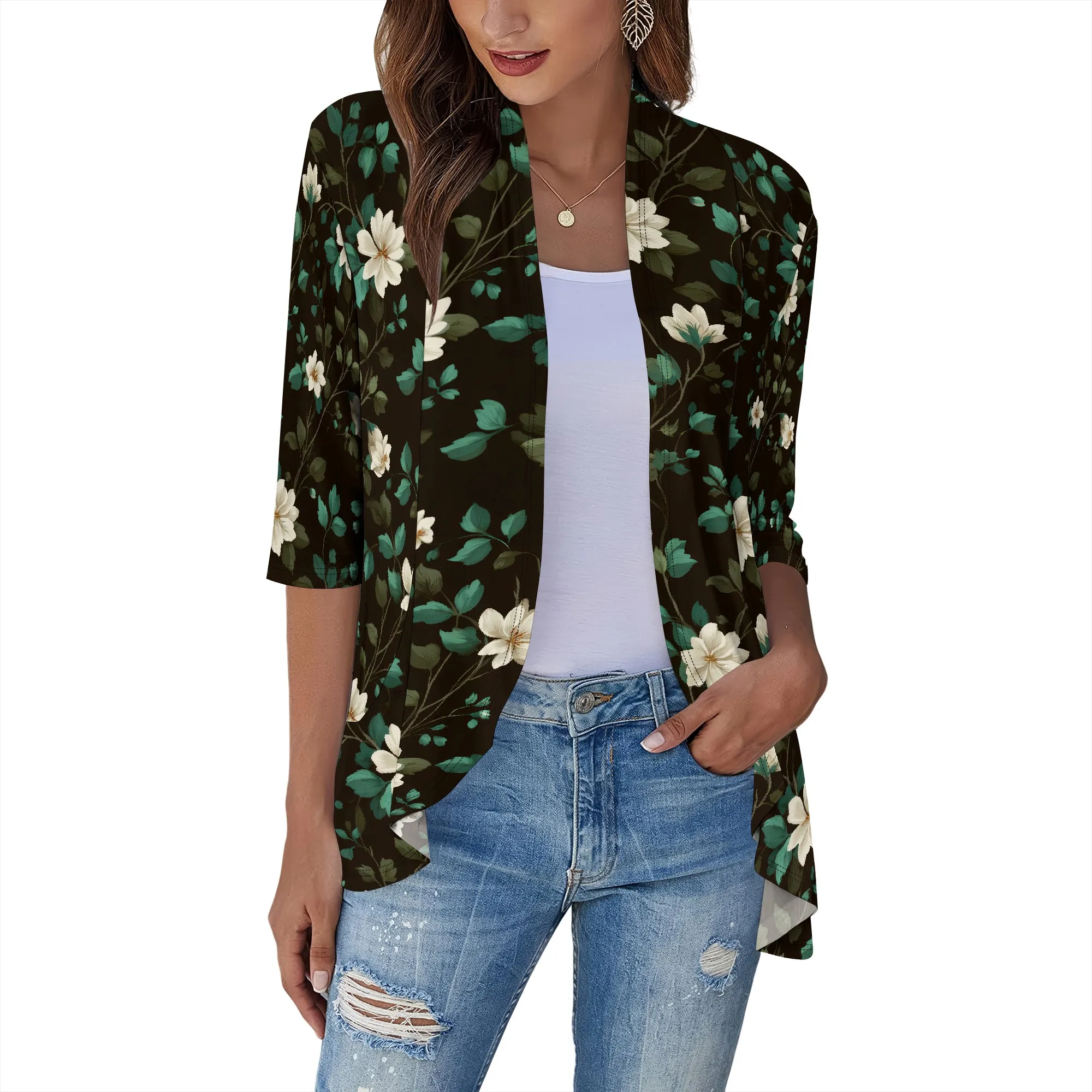 

Women's Floral Print Puff Sleeve Kimono Cardigan Loose Cover Up Casual Blouse Tops