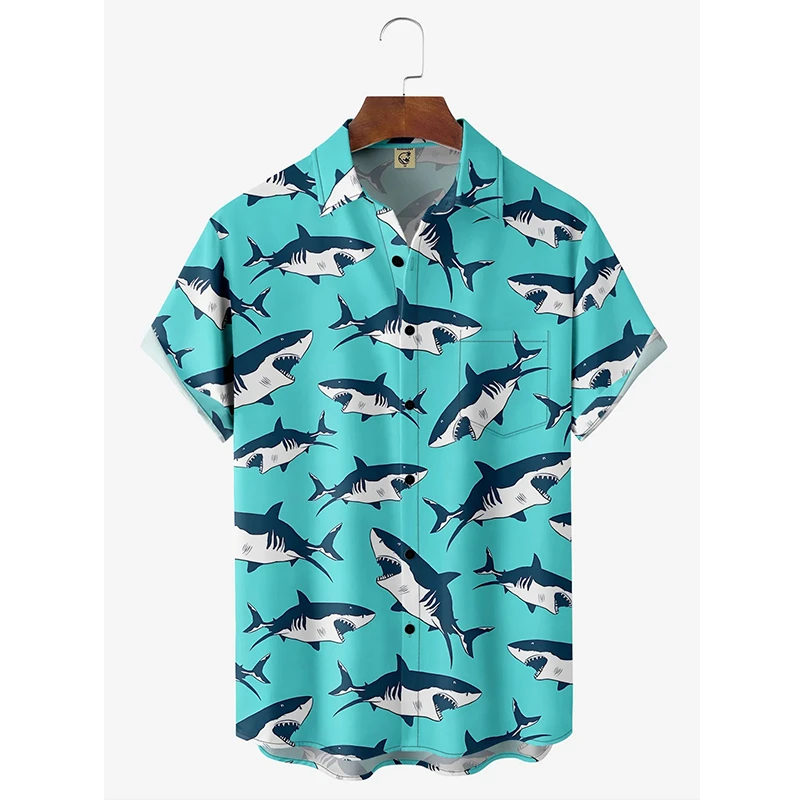 New Hawaii Shirt For Men Kawaiian Shark 3D Print Short Sleeve Cuban Blouse Beach Summer Holiday Shirts Streetwear Daily Y2k Tops