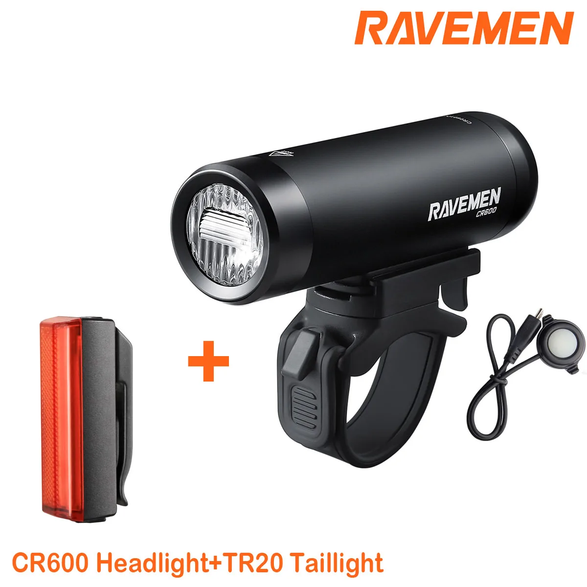 RAVEMEN Bike Front Rear Light Set Bicycle CR600 Headlight + TR20 Taillight Lamp Rechargeable Anti-Glare Lens With T-Shaped Beam