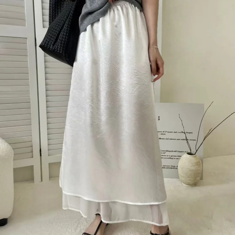 

REALEFT High Waist Satin Women's Long Skirts 2025 High Waist Elegant Mesh Patchwok Side Split Loose Straight A-line Skirt Female