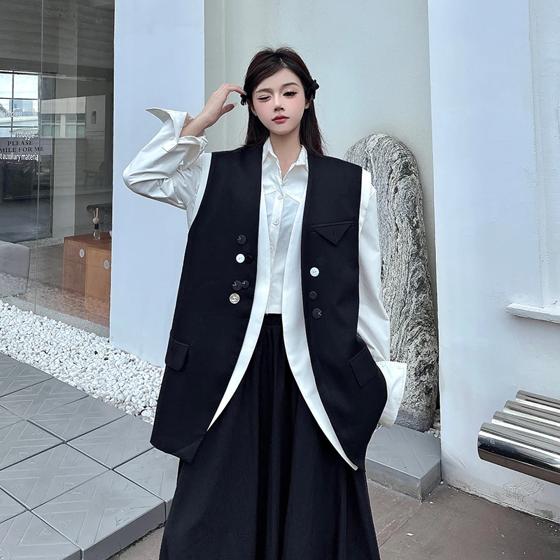 

SuperAen Design Модный пиджак без рукавов Однобортный жакет контрастного цвета с v-образным вырезом Асимметричные жилеты