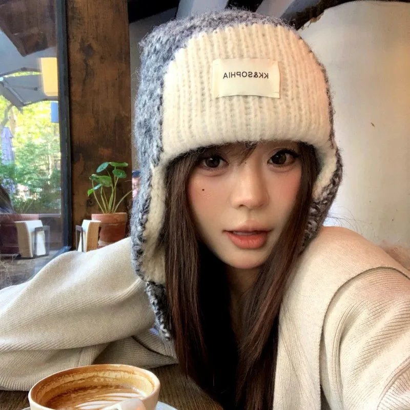 

Модные контрастные цветные вязаные шапки для защиты ушей для мужчин и женщин, зимние теплые универсальные индивидуальные шапочки для отдыха