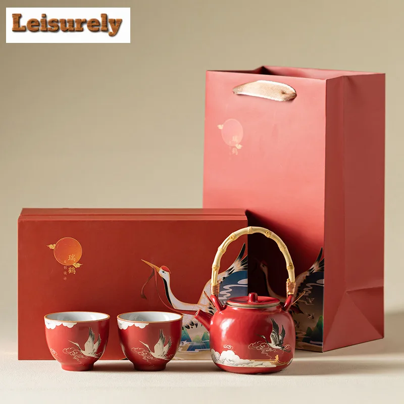 

Forbidden City Red Auspicious Crane Чайный сервиз Полный набор Чайная церемония Набор Чайник и чайная чашка Набор Китайский чайный сервиз Подарочная коробка для рукоделия