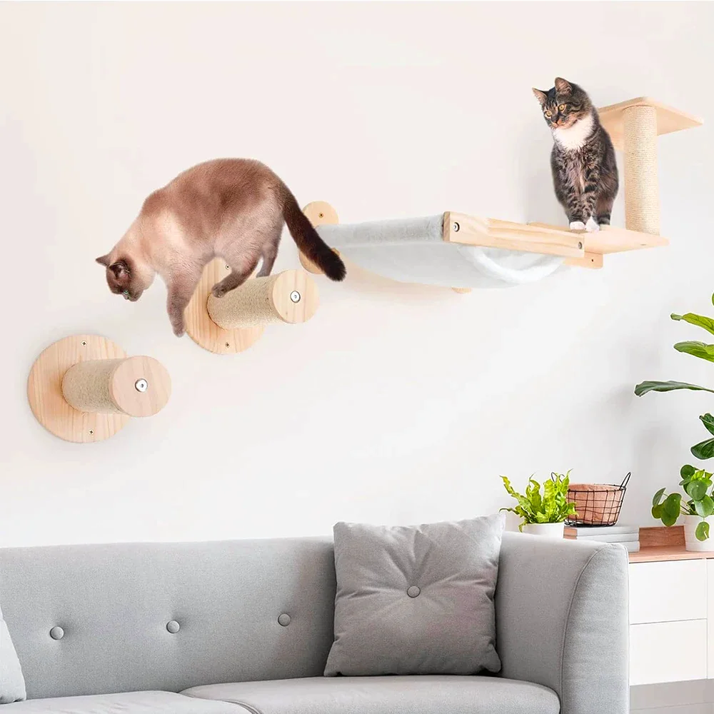 Wall Mounted Cat Climbing Shelves Cat White Hammock with Ladder or Scratching Post or Jumping Platform Set for Kittens Sleeping