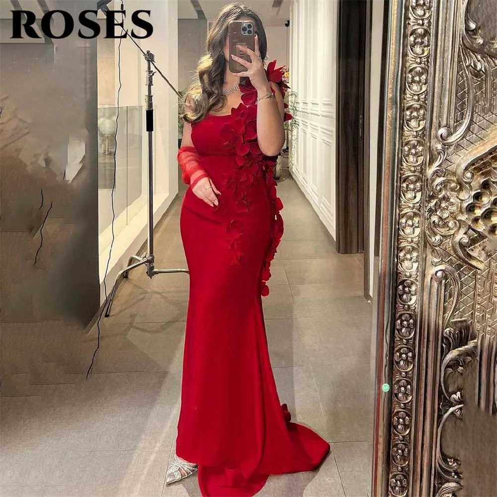 

ROSES Red Elegant Long Prom Dress Mermaid Sexy 3D Flowers Formal Gown Spaghetti Strap Evening Party Dress for Woman Customized