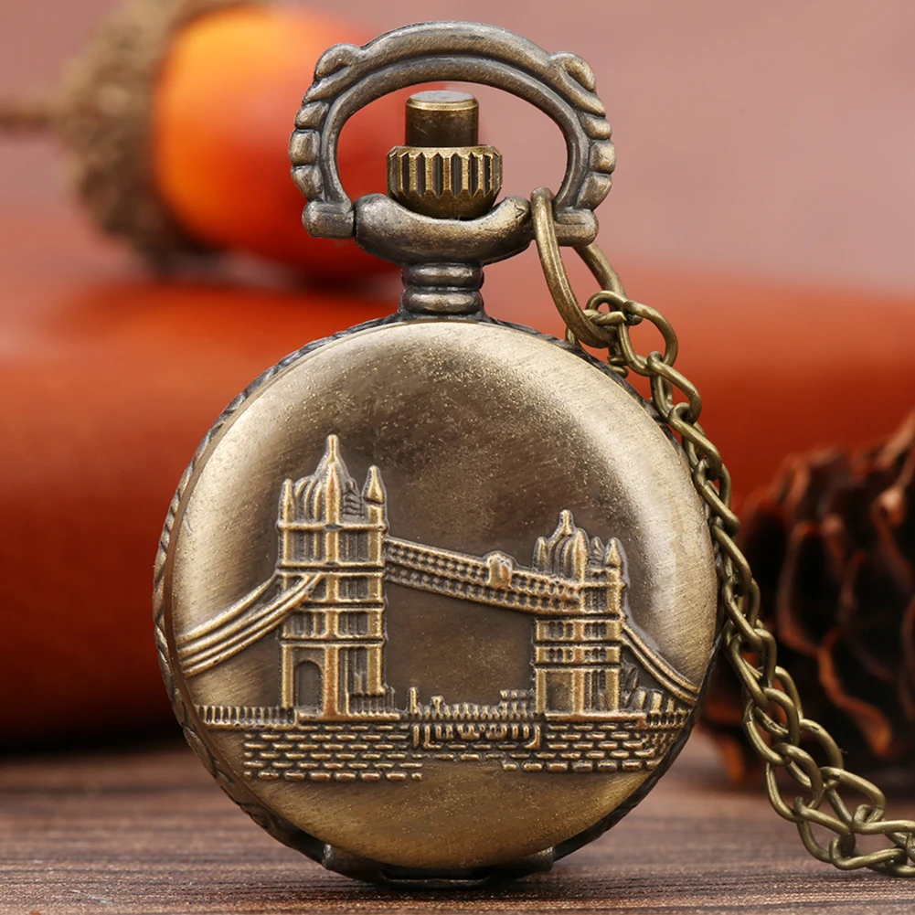 Tiny Cute London Bridge Retro Necklace Pendant Watch Children Men Women Quartz Analog Arabic Numerals Dial Pocket Timepiece