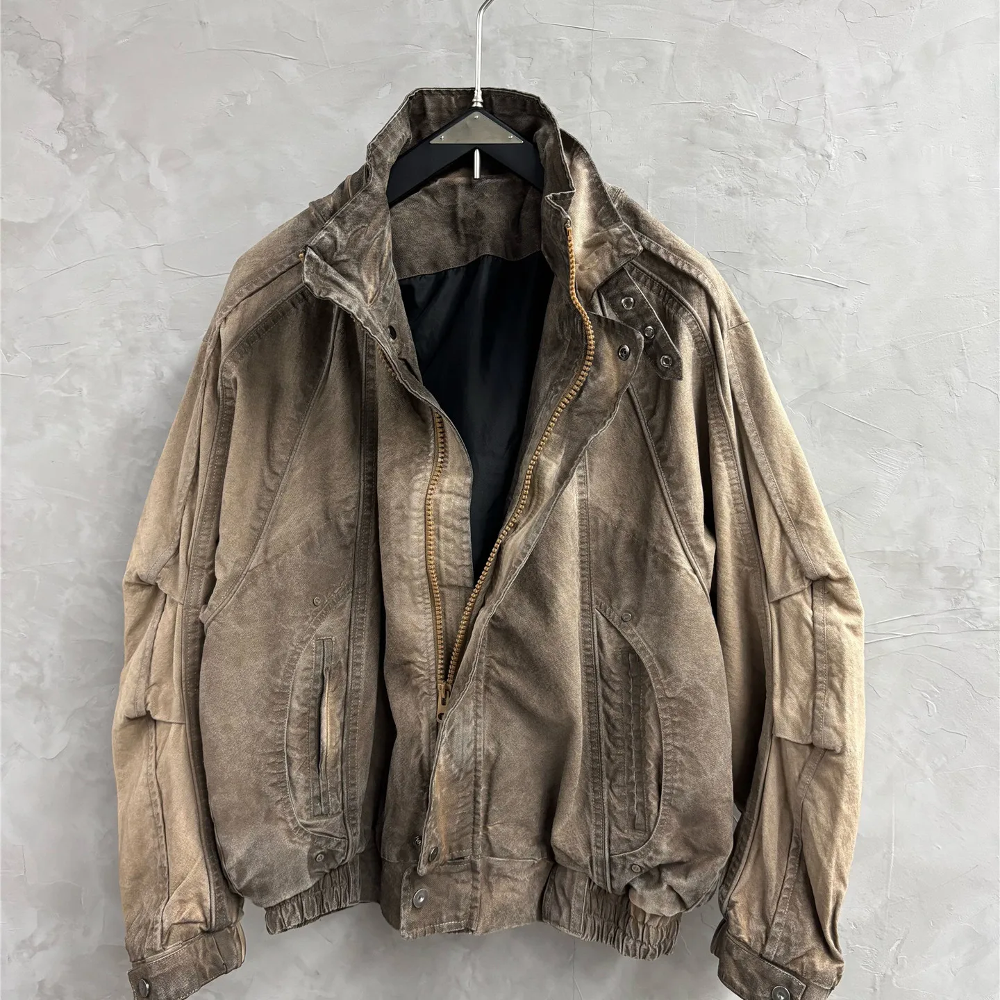 Distressed Vintage jacket, Autumn And Winter Personalized Patchwork Tailored stand-up Collar machete-sleeve coat.