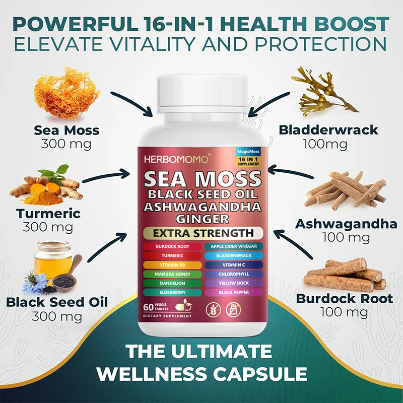 Капсулы Sea Moss 60 таблеток-16 в 1 без ГМО для поддержки репродуктивного здоровья, натуральный энергетический прибор на основе растений, чистый и