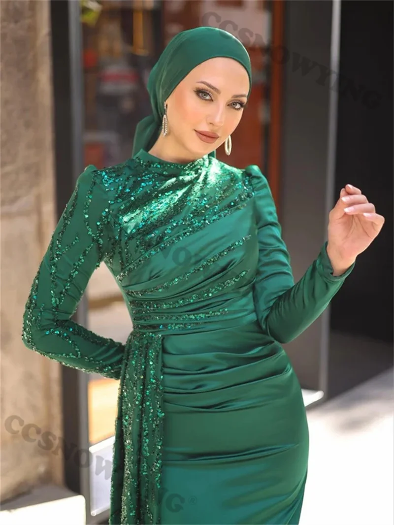 Apliques femininos Cetim Vestidos de Noite Muçulmanos, Islâmico Hijab Manga Longa, Vestido de Festa Formal, Gola Alta, Kaftan Árabe, Túnica Feminina