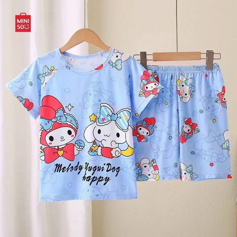 Miniso Sanrio Cinnamoroll Kuromi Children's Clothing Set Cotton Cartoon Home Wear 2024 Summer Girl Anime Milk Silk Clothes