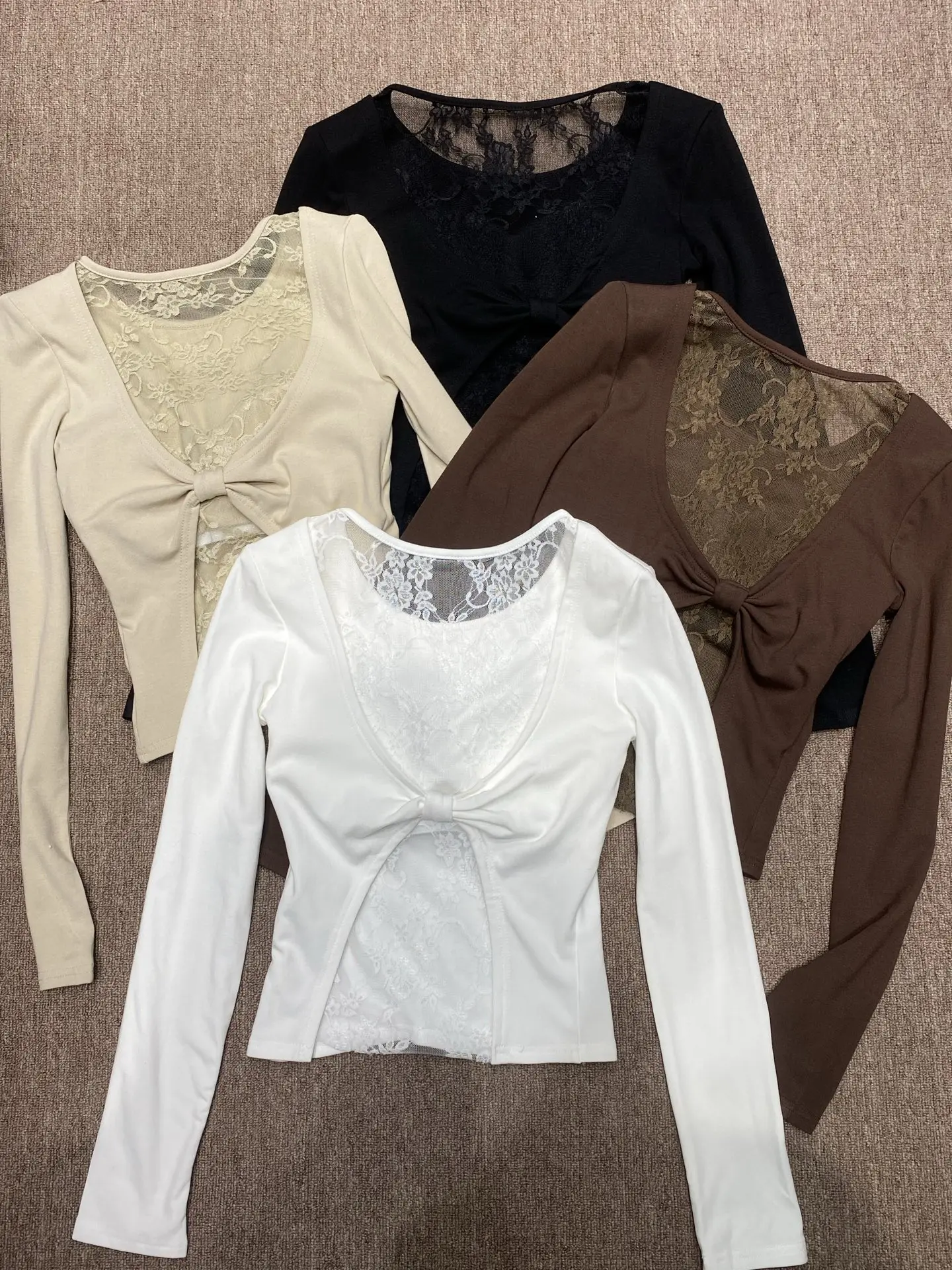 

Sexy Lace Splice Long Sve T-irt Women's Knot Slim Fit Top with Built-in Bra Pad No Underwear Needed Cotton Fabric