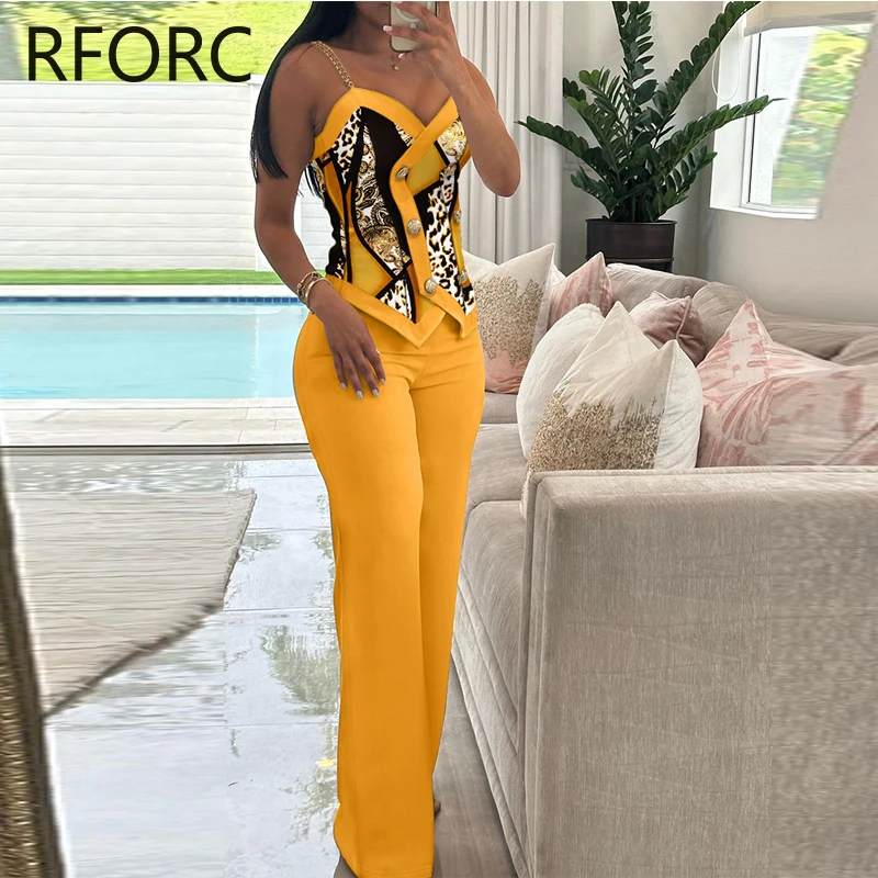 Women Chain Straps Allover Print Double Breasted Top & Straight Leg Pants Two Pieces Working Sexy Pants Sets