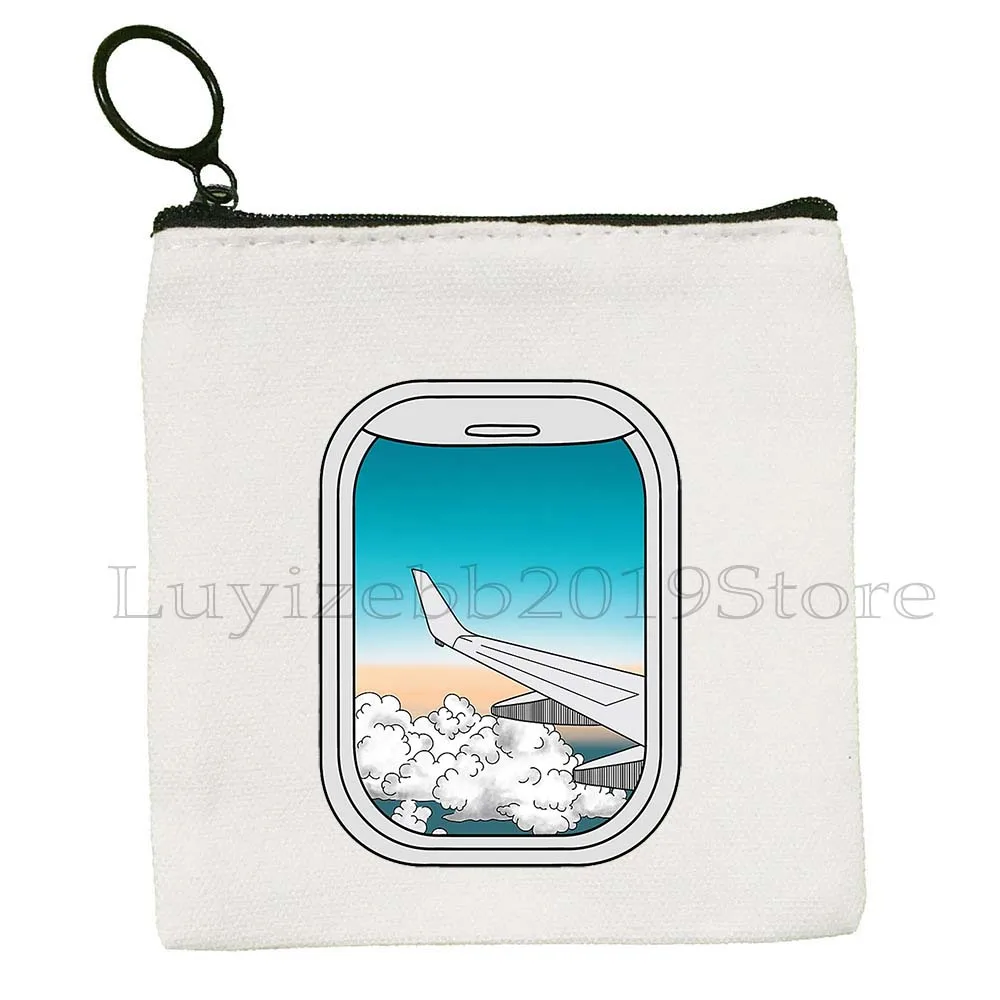World Travel Aesthetic Sunset Ombre เครื่องบินฉากหน้าต่างแฟชั่นผ้าใบเหรียญกระเป๋าสตางค์ขนาดเล็กกระเป๋ากระเป๋าสตางค์ซิปกระเป๋า