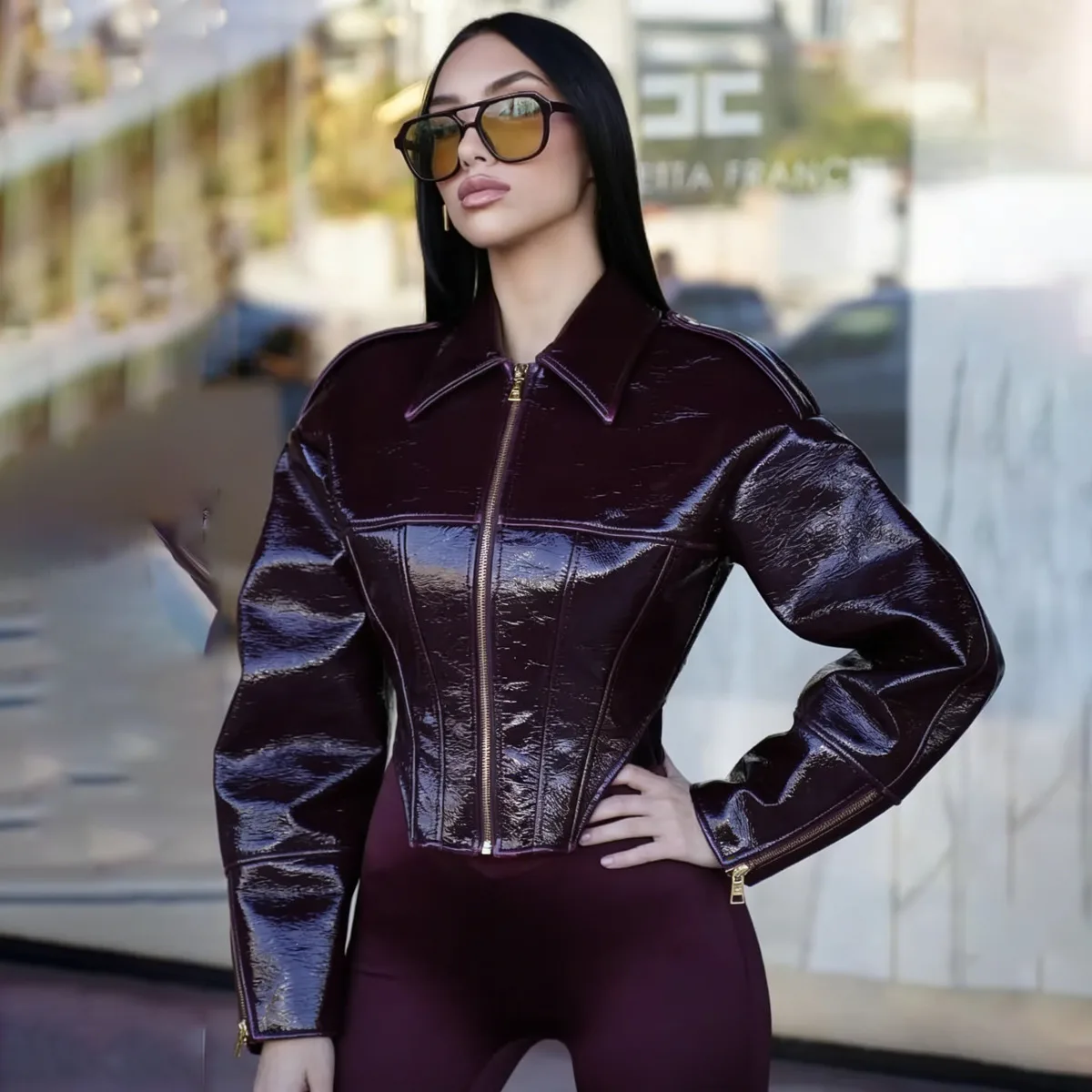PUAL Women's Burgundy Patent Leather Cropped Jacket - Turn Down Collar Zip Up Corset Style Moto Biker Coat for Winter Streetwear