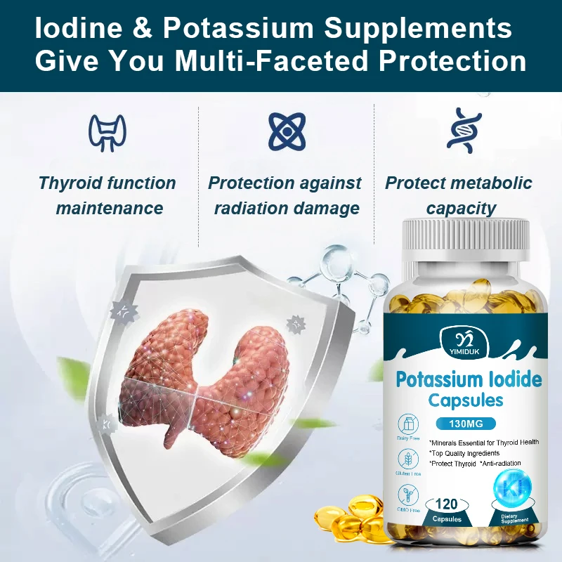 Potassium Iodide Supplement Capsules 130 mg Dietary Thyroid Support Protectant KI Iodine Tablets Vitamin Optimum Potassium