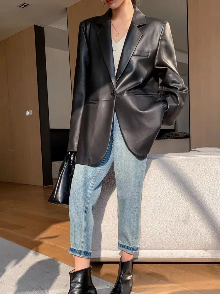 معطف جلد الغنم بطبقة علوية للنساء بدلة بزر واحد وياقة خلفية 100% ملابس جلدية كبيرة الحجم ليندا بيج رمادي Ceket