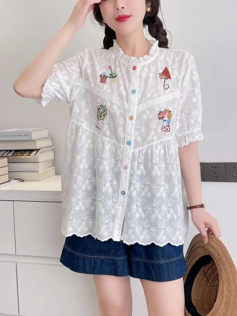 Spring Cotton Casual Shirt Women Lace Embroidery Ruched Necks Blouses Girl Short Sleeve Fashion Sweet Top 2024 Summer T45419QM