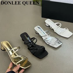 2026 Fashion Women Slippers Square Low Heels Sandals Summer Flip Flops Brand Slipper Elegant Slides Zebra Shoes Zapatillas Mujer